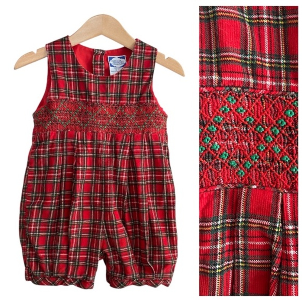 Carriage Boutique Christmas Plaid Smocked Corduroy Jon Jon Romper 9 months